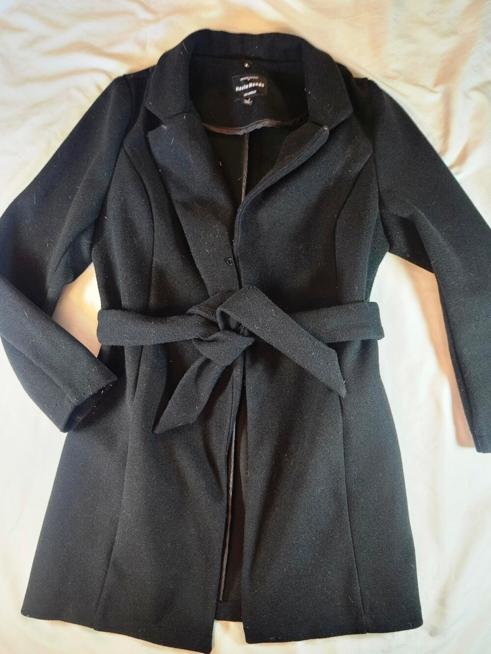 Haute Monde Womens Black Belted Long Sleeve Wrap Short Trench Coat Size Small
